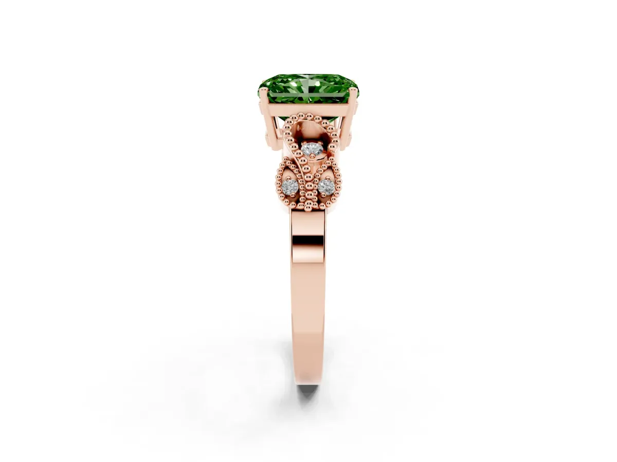 Fancy Green Princess Cut Solitaire Milgrain Leaf Band with Prong Setting Rose gold