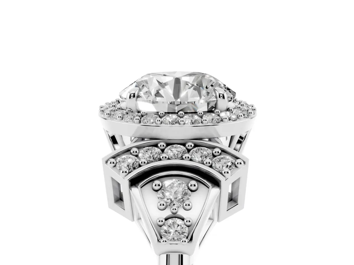 Round Cut Halo Diamond Split Shank Engagement Ring with Four-Prong Setting Silver
