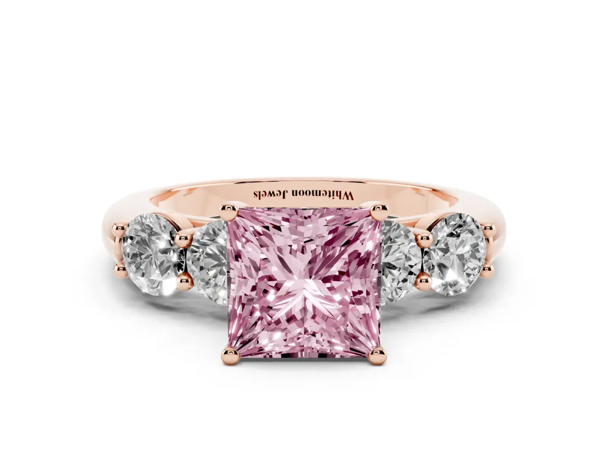 Fancy Pink Princess Cut Cut Five-Stone Prong Set Diamond Ring with Classic Band Rose gold