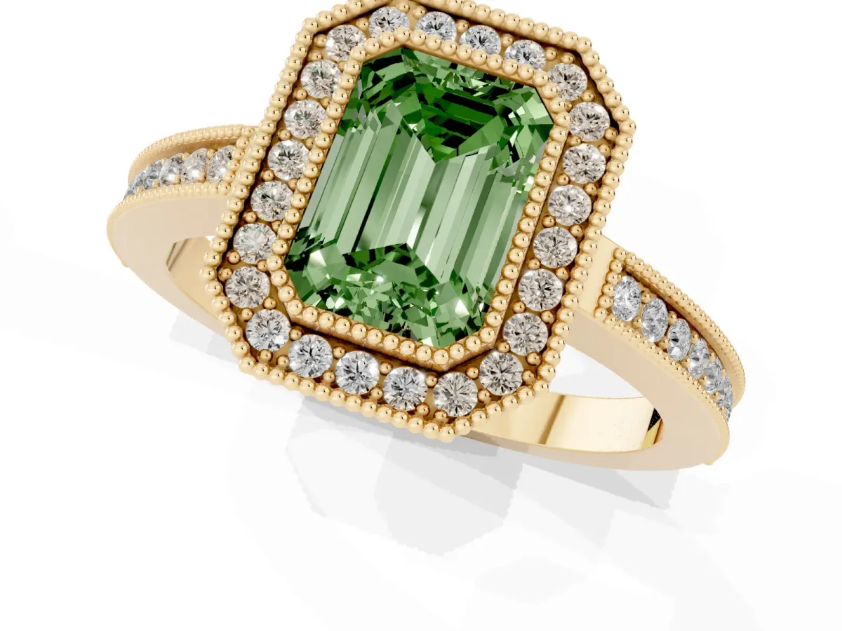 Fancy Green Emerald Cut Cut Halo Diamond Ring with Pavé Band and Milgrain Prong Setting Yellow gold