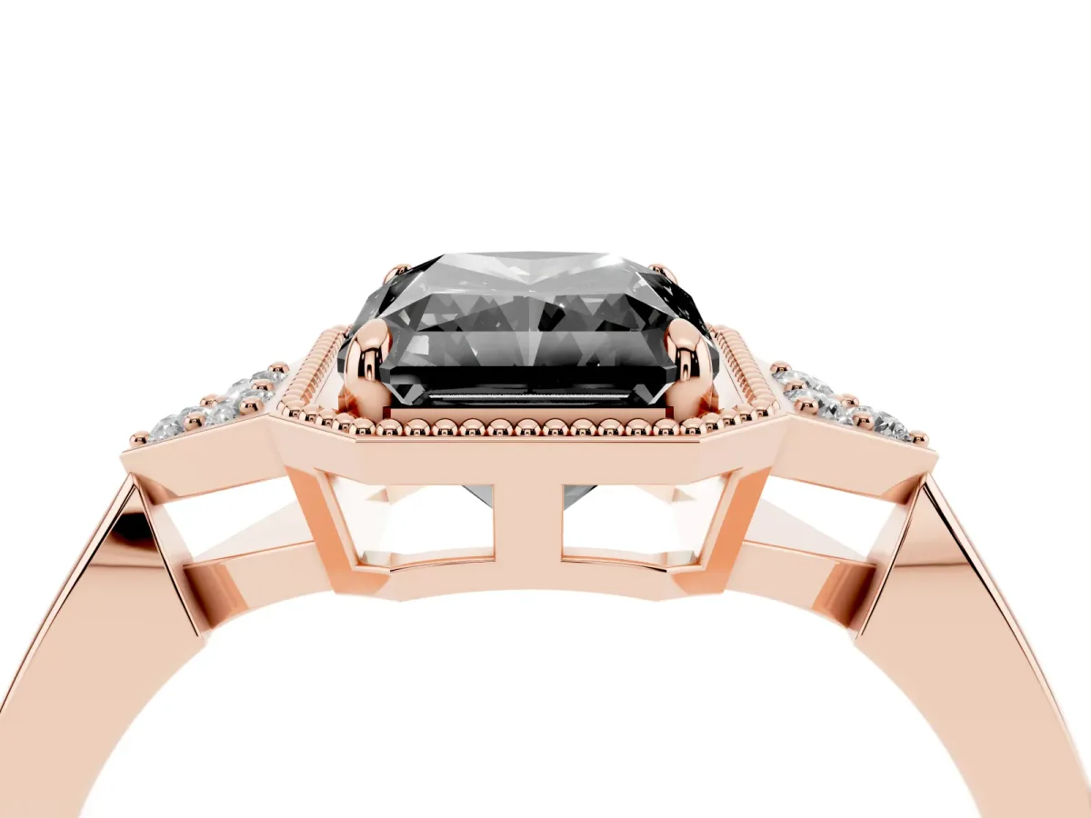 Fancy Black Hexagonal Halo Radiant Cut Diamond Solitaire with Pavé Band and Four-Prong Setting Rose gold