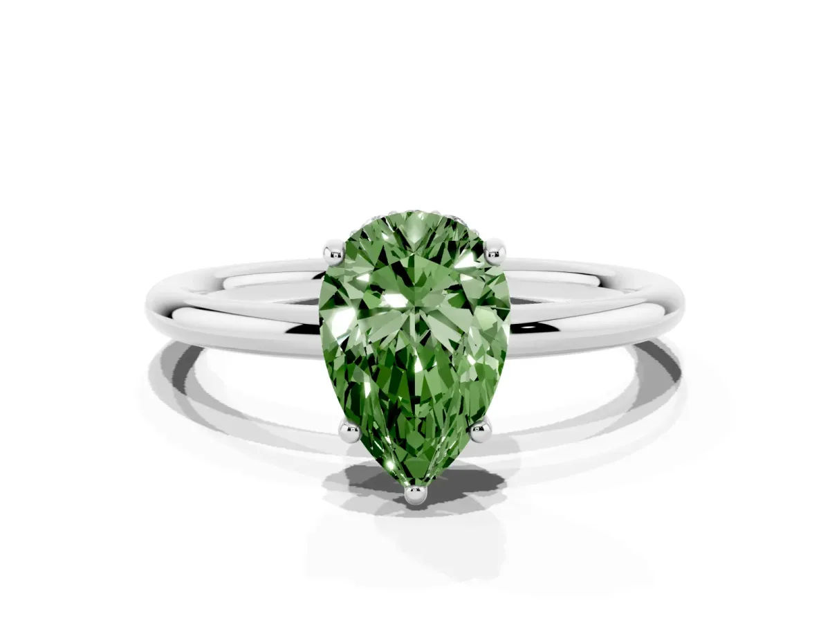 Fancy Green Pear Cut Solitaire Diamond Ring with a Classic Band and Four-Prong Setting Silver