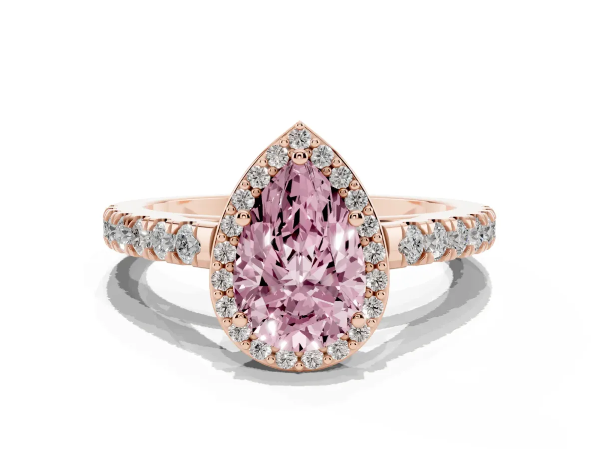 Fancy Pink Pear Cut Cut Halo Diamond Engagement Ring with Pave Band and Four-Prong Setting Rose gold