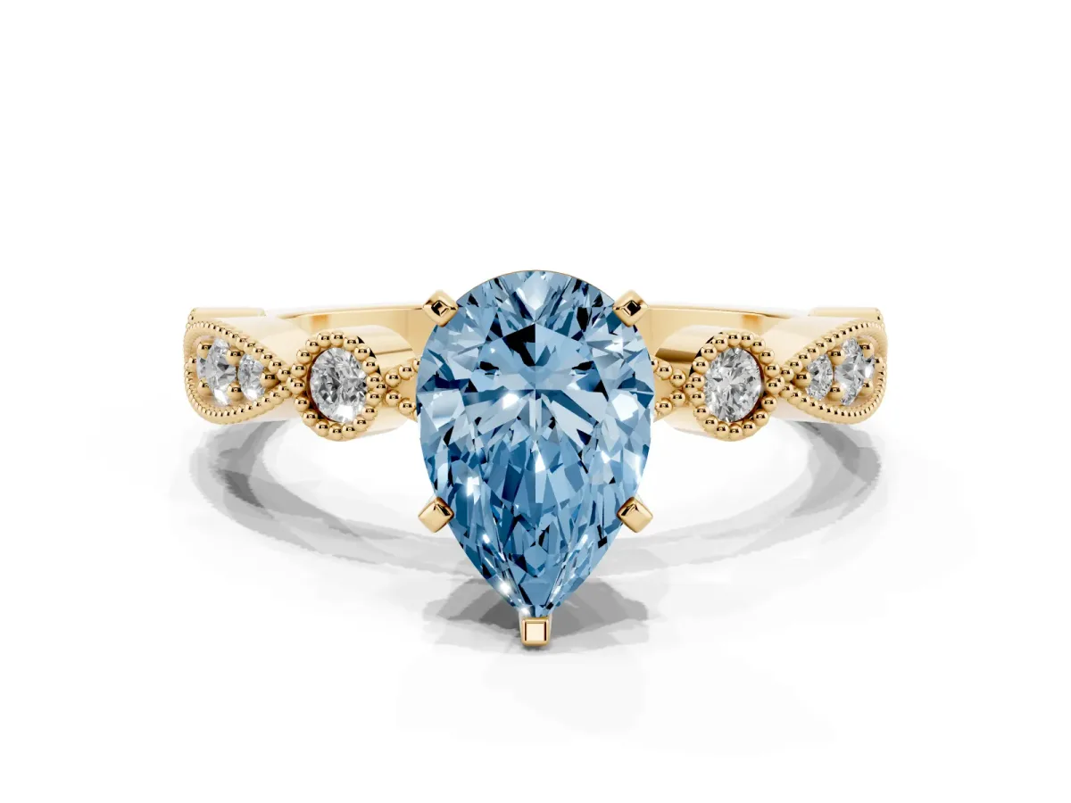 Fancy Blue Pear Cut Milgrain Bezel Diamond Engagement Ring with Solitaire Prong Setting Yellow gold