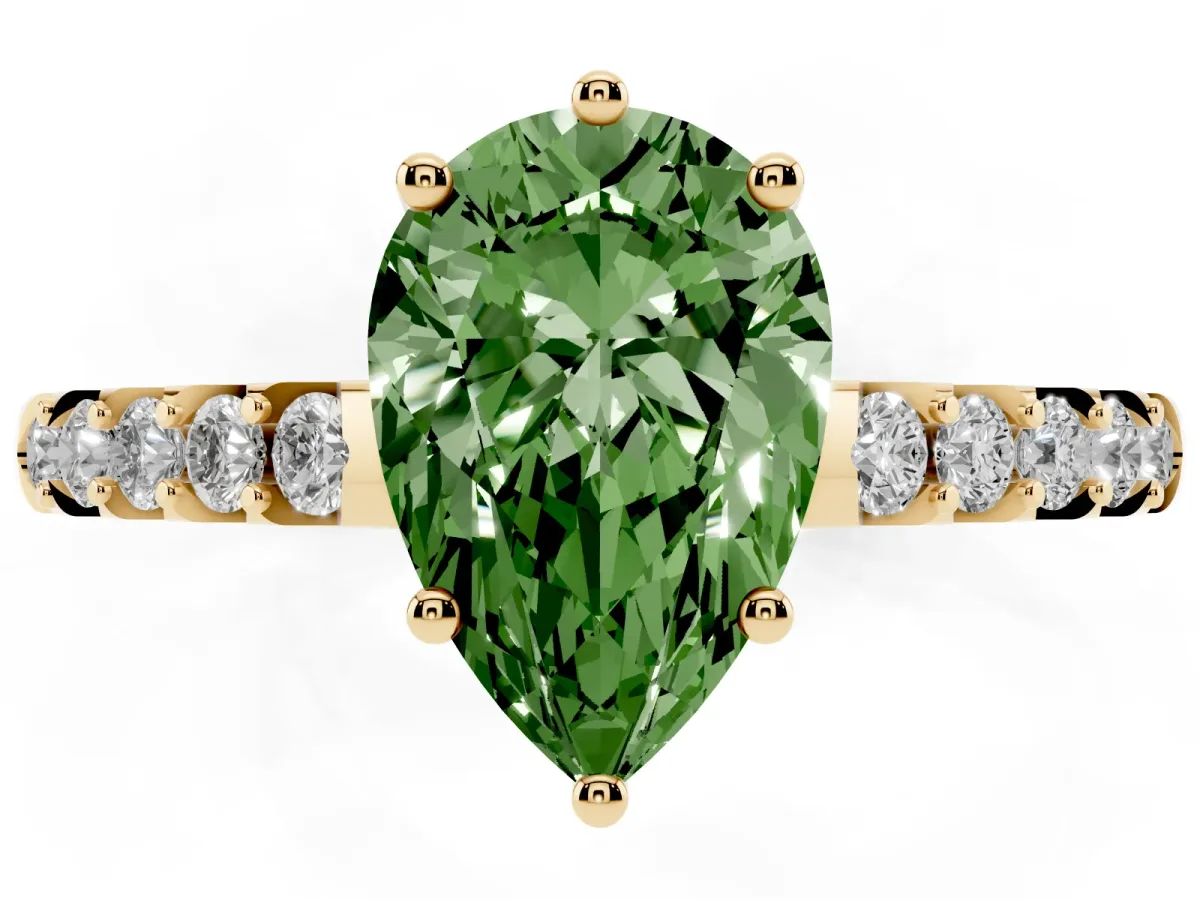Fancy Green Pear Cut Solitaire Diamond Engagement Ring with Pavé Band and Six-Prong Setting Yellow gold
