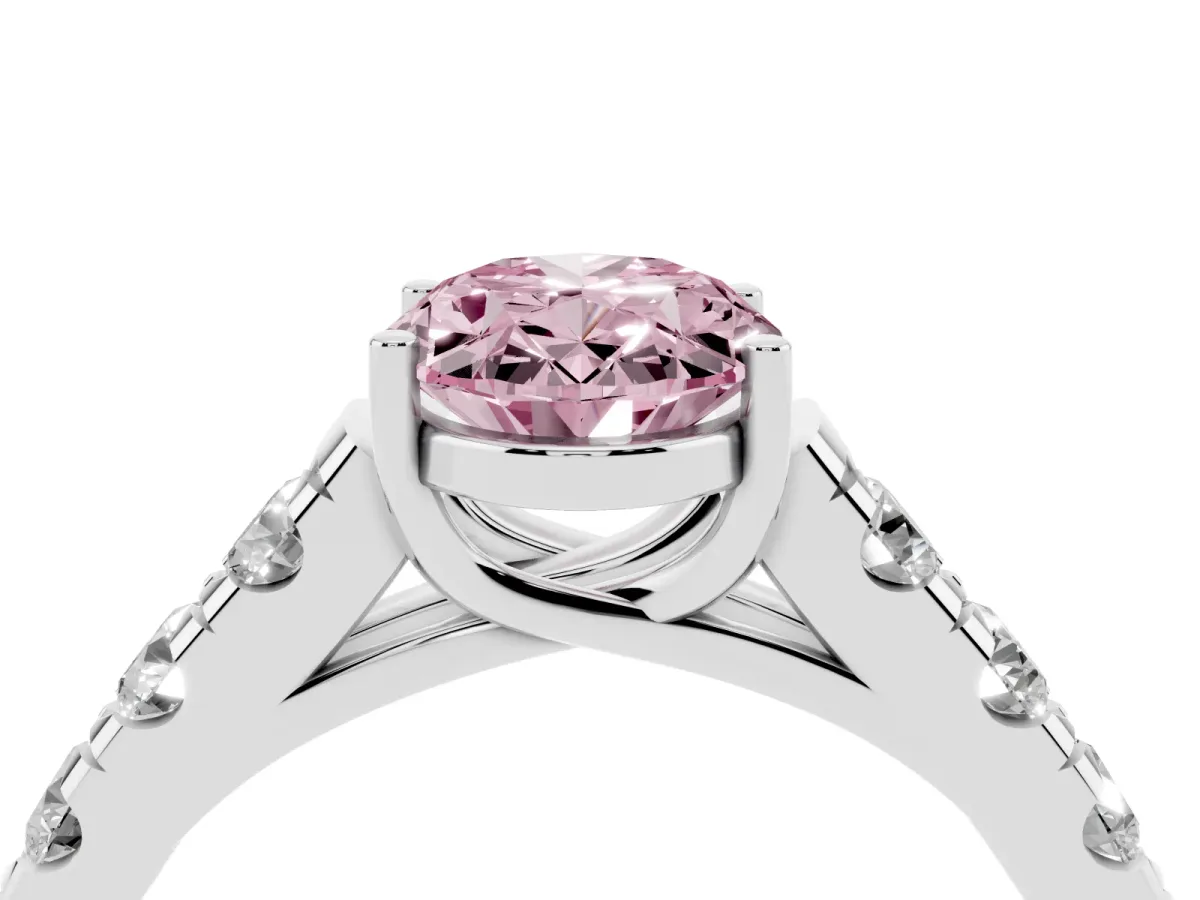 Fancy Pink Oval Cut Cut Diamond Solitaire Ring with Micro Pave Band and Prong Setting Silver