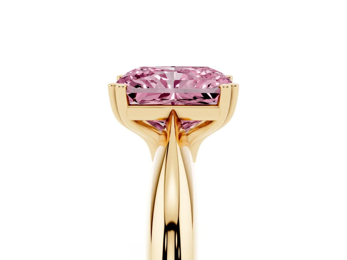 Fancy Pink Radiant Cut Cut Solitaire Engagement Ring with Tapered Band and Four-Prong Setting Yellow gold