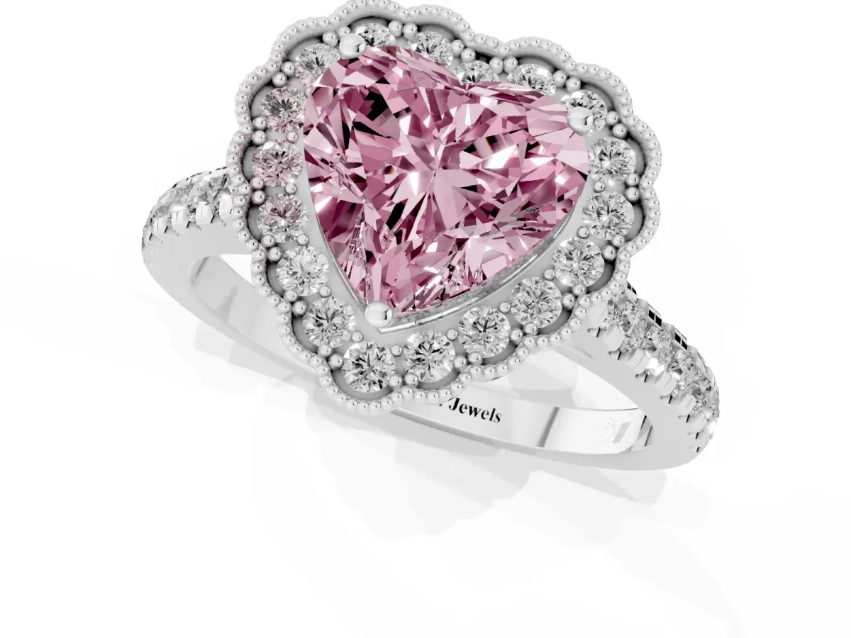 Fancy Pink Heart Cut Cut Diamond Milgrain Floral Halo Engagement Ring with Pavé Band White gold