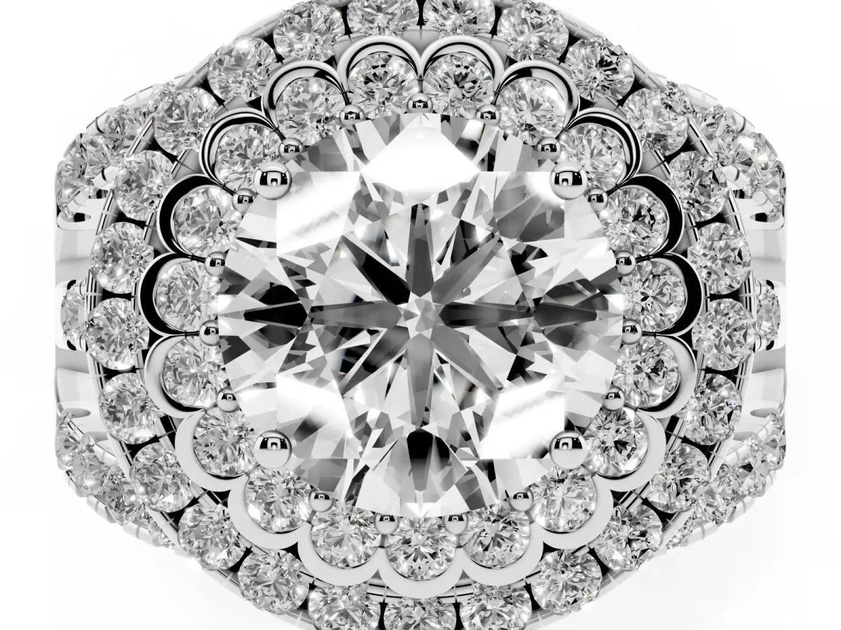 Round Cut Diamond Double Halo Ring with Round Pavé Split Shank and Prong Setting Silver