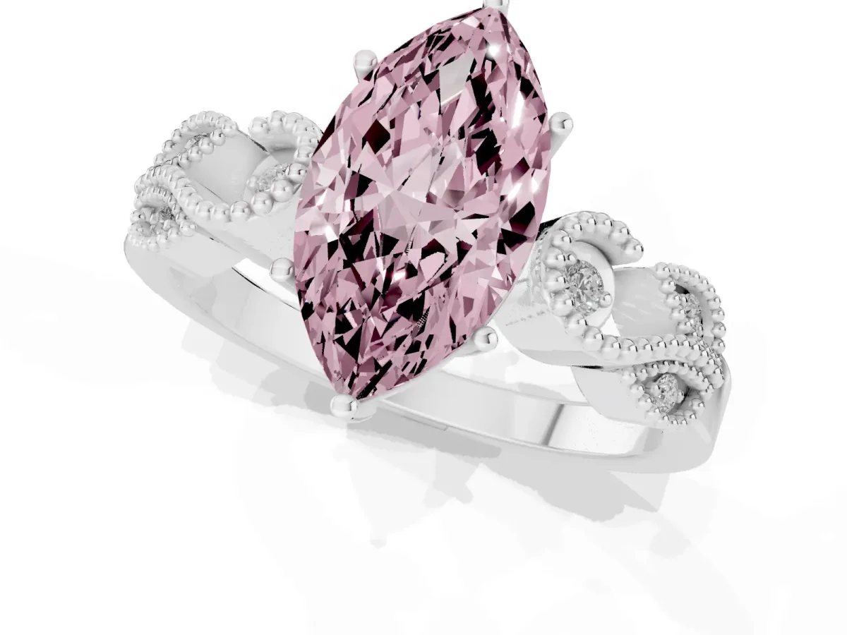 Fancy Pink Marquise Cut Solitaire Milgrain Leaf Band with Prong Setting Silver
