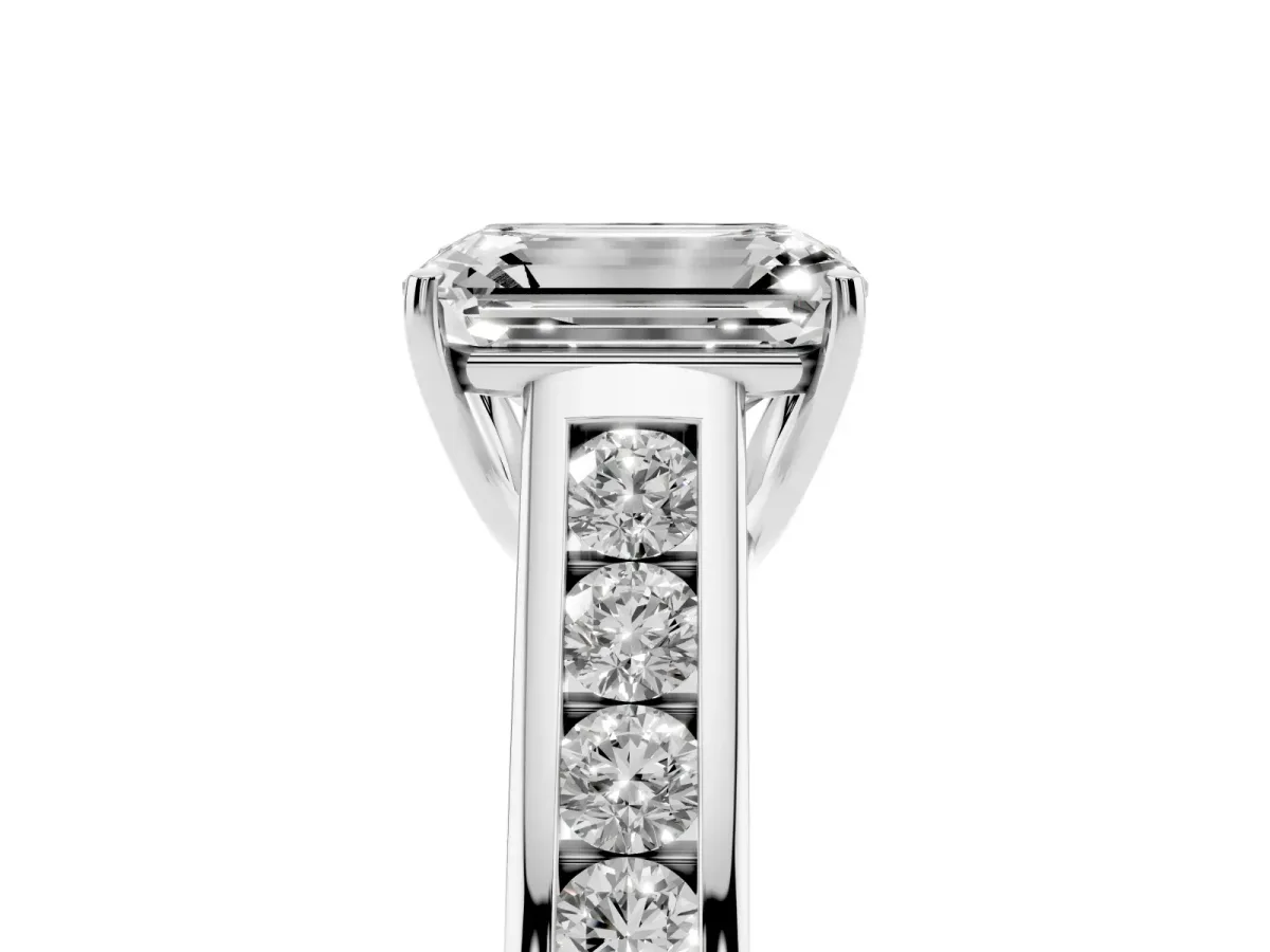 Emerald Cut Solitaire Channel-Set Diamond Engagement Ring with Four-Prong Setting Silver