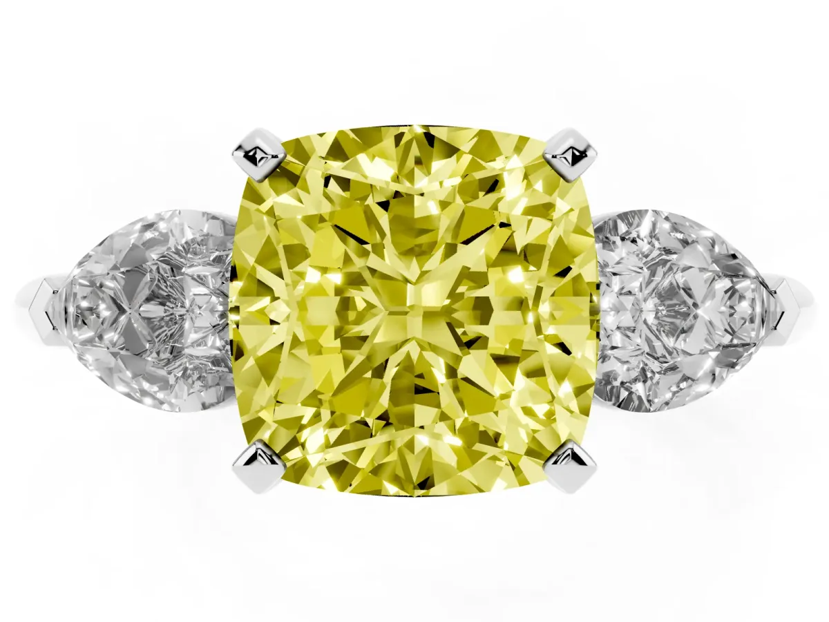 Fancy Yellow Three-Stone Cushion Cut Diamond Ring with Pear Side Stones and Four-Prong Setting Silver