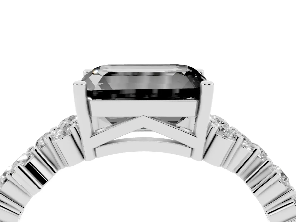 Fancy Black Emerald Cut Diamond Scattered Round Accent Ring with Prong Setting Silver