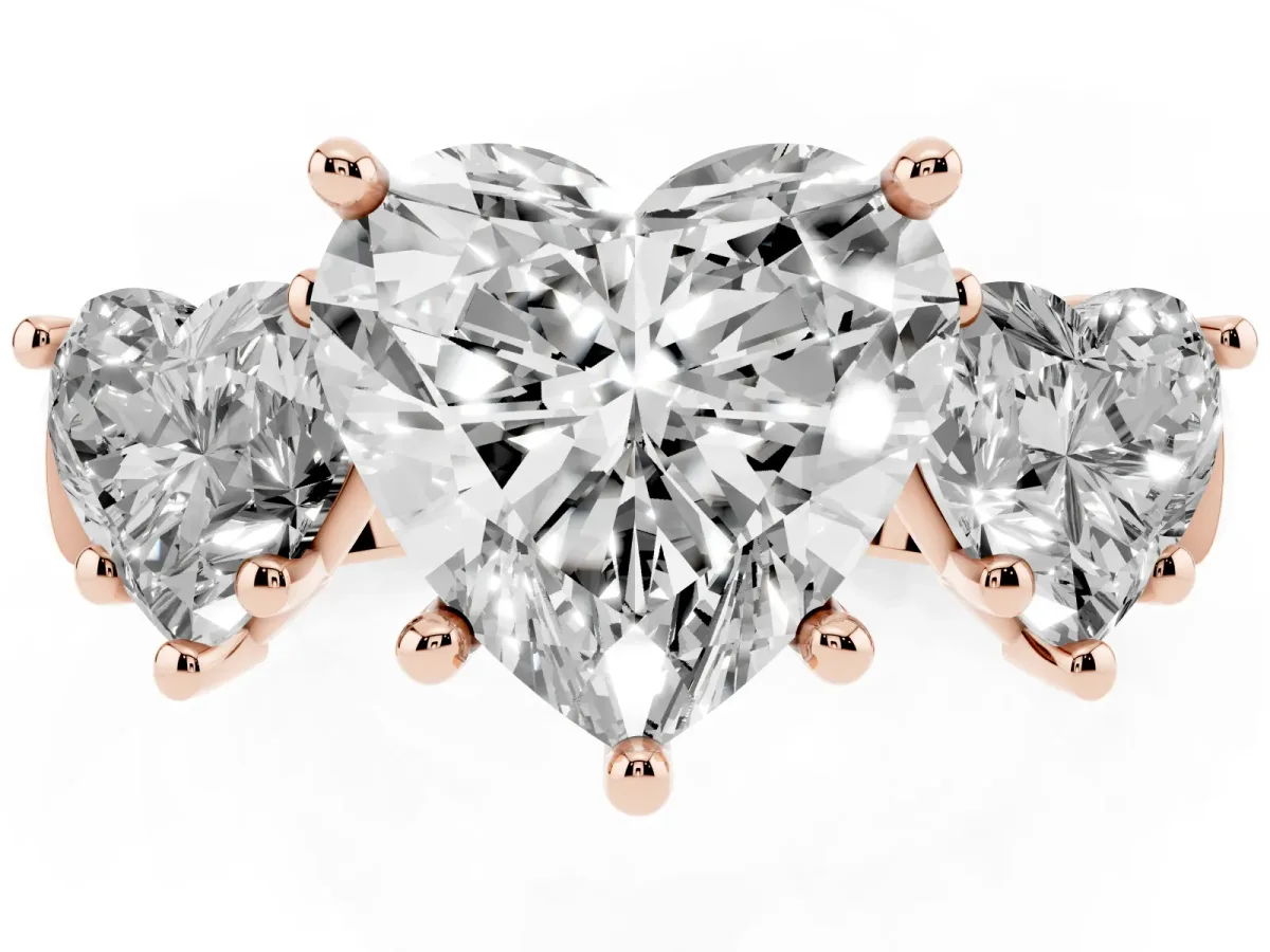 Three-Stone Heart Cut Brilliant Diamond Trellis Ring with Comfort Fit Band Rose gold