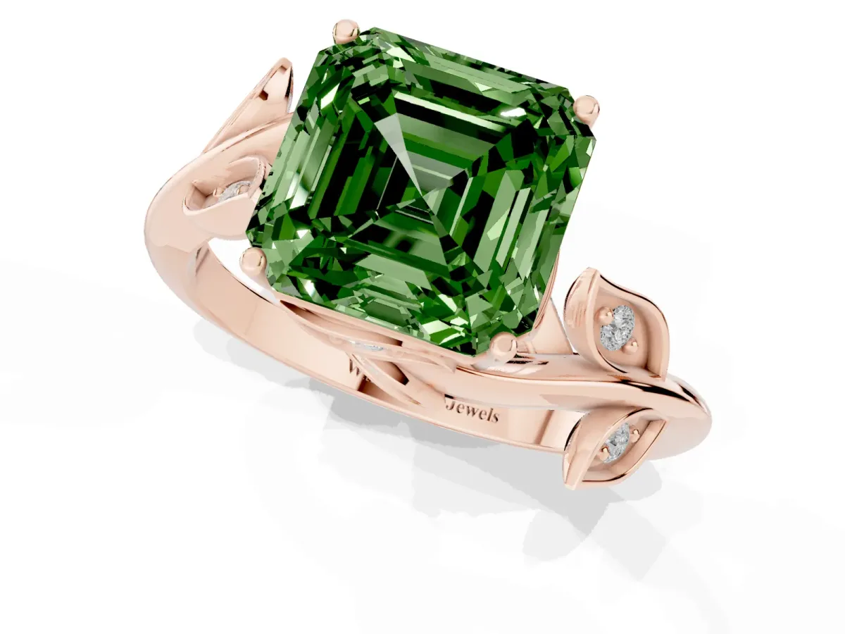 Fancy Green Asscher Cut Solitaire Twist Engagement Ring with Leaf Accents and Prong Setting Rose gold