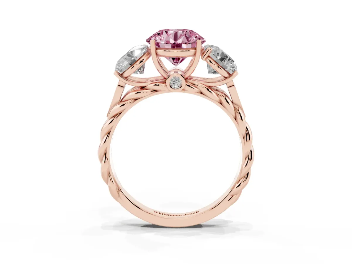 Fancy Pink Three-Stone Round Cut Diamond Braided Band Ring with Four-Prong Setting Rose gold