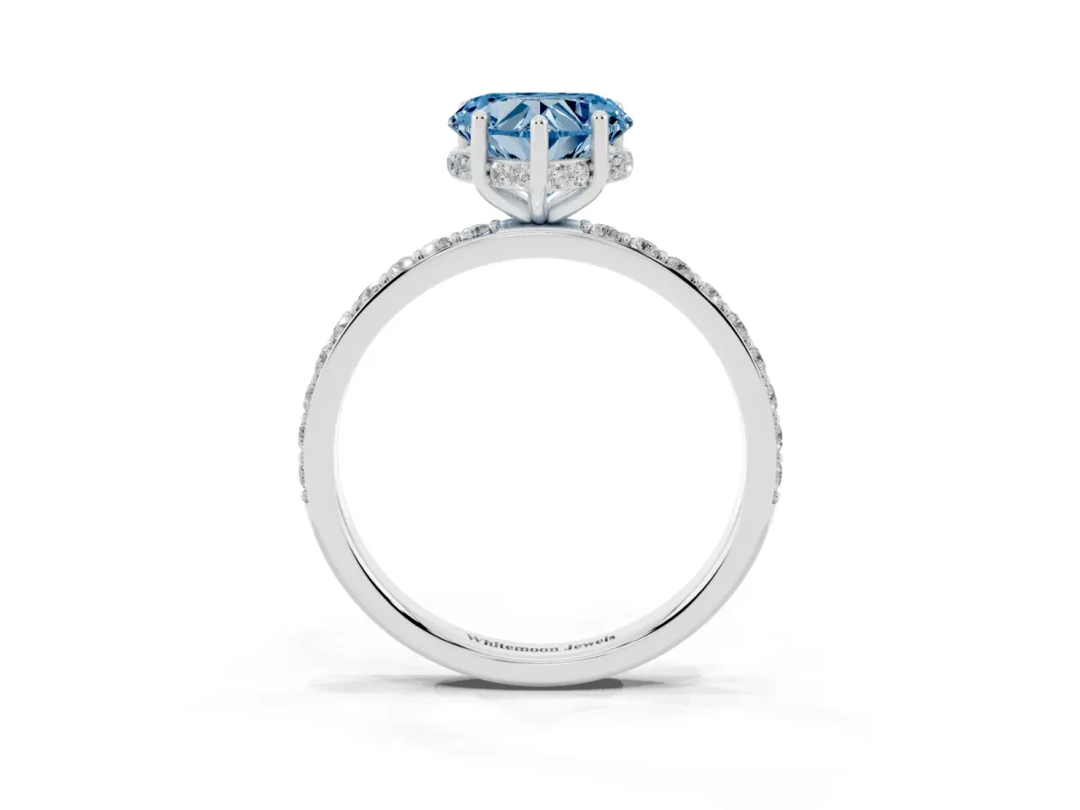 Fancy Blue Heart Cut Diamond Solitaire Ring with Pavé Band and Hidden Halo Platinum