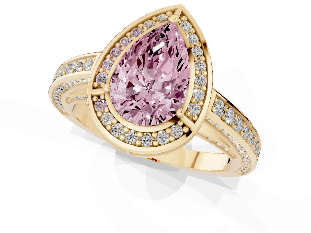 Fancy Pink Pear Cut Cut Halo Pave Split Shank Prong Setting Ring Yellow gold