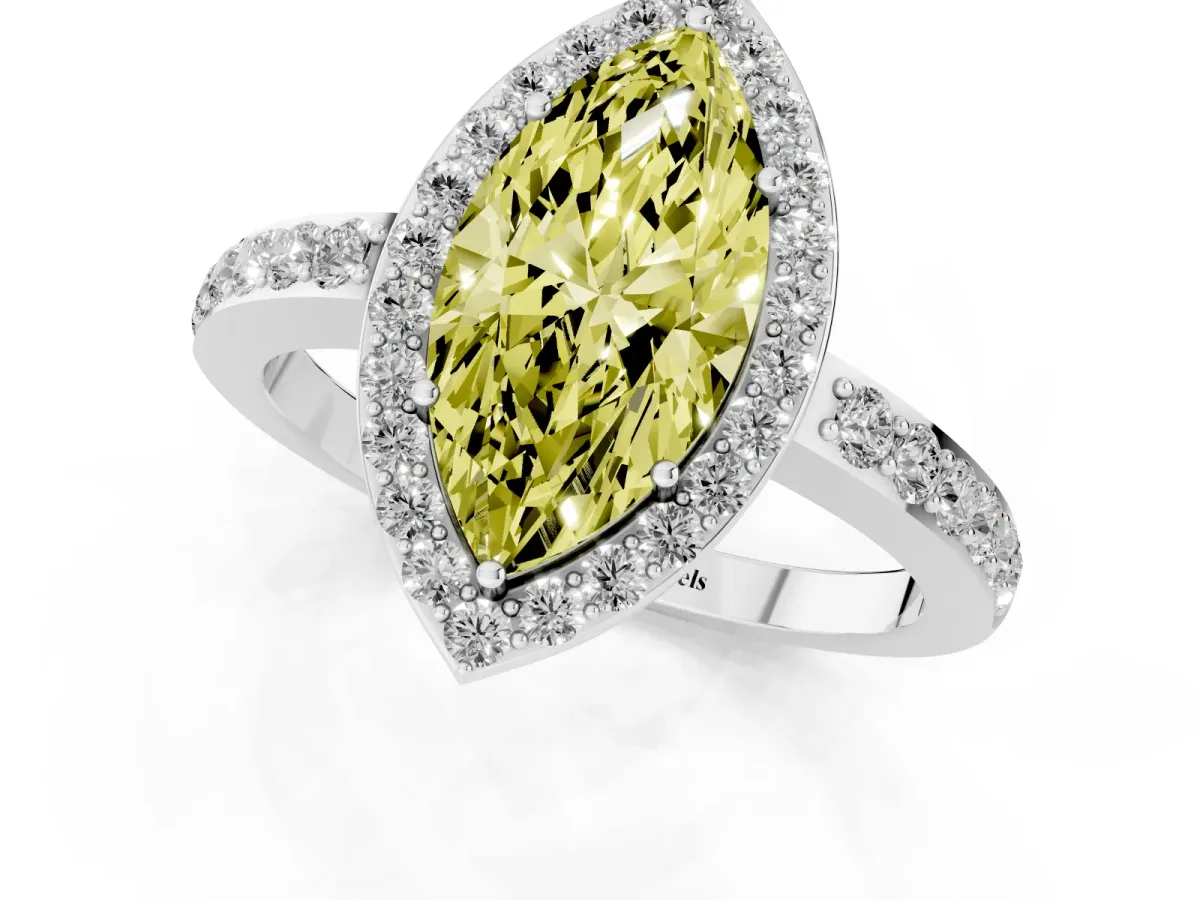 Fancy Yellow Marquise Cut Halo Diamond Pavé Band Ring with Prong Setting Silver