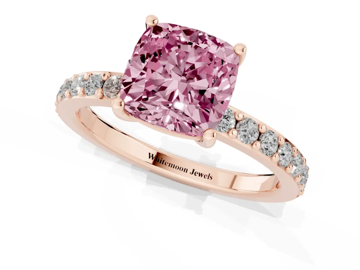 Fancy Pink Cushion Cut Cut Diamond Solitaire with Pave Band and Four-Prong Setting Rose gold