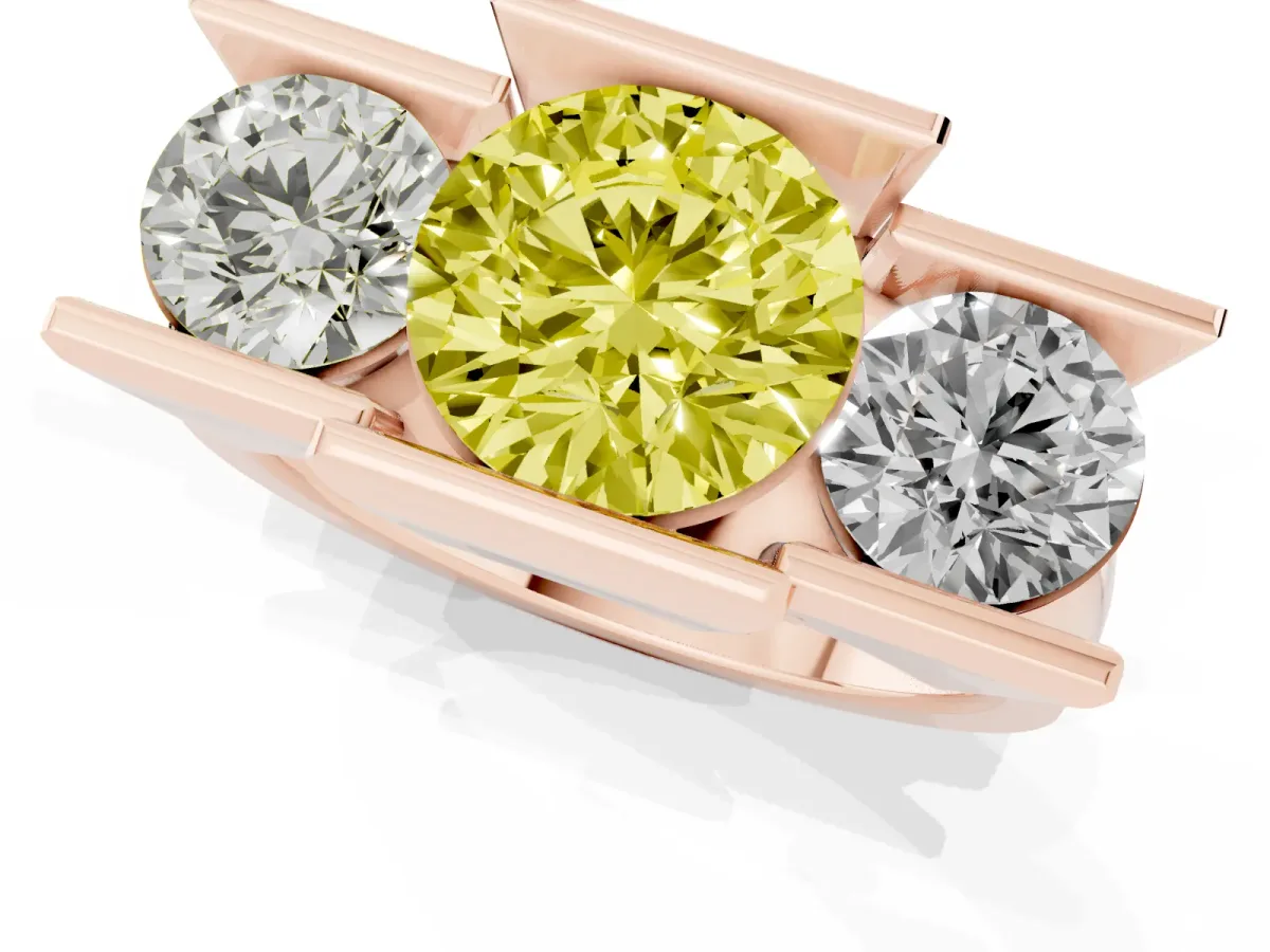 Fancy Yellow Three Stone Round Cut Cut Channel Set Diamond Ring Rose gold