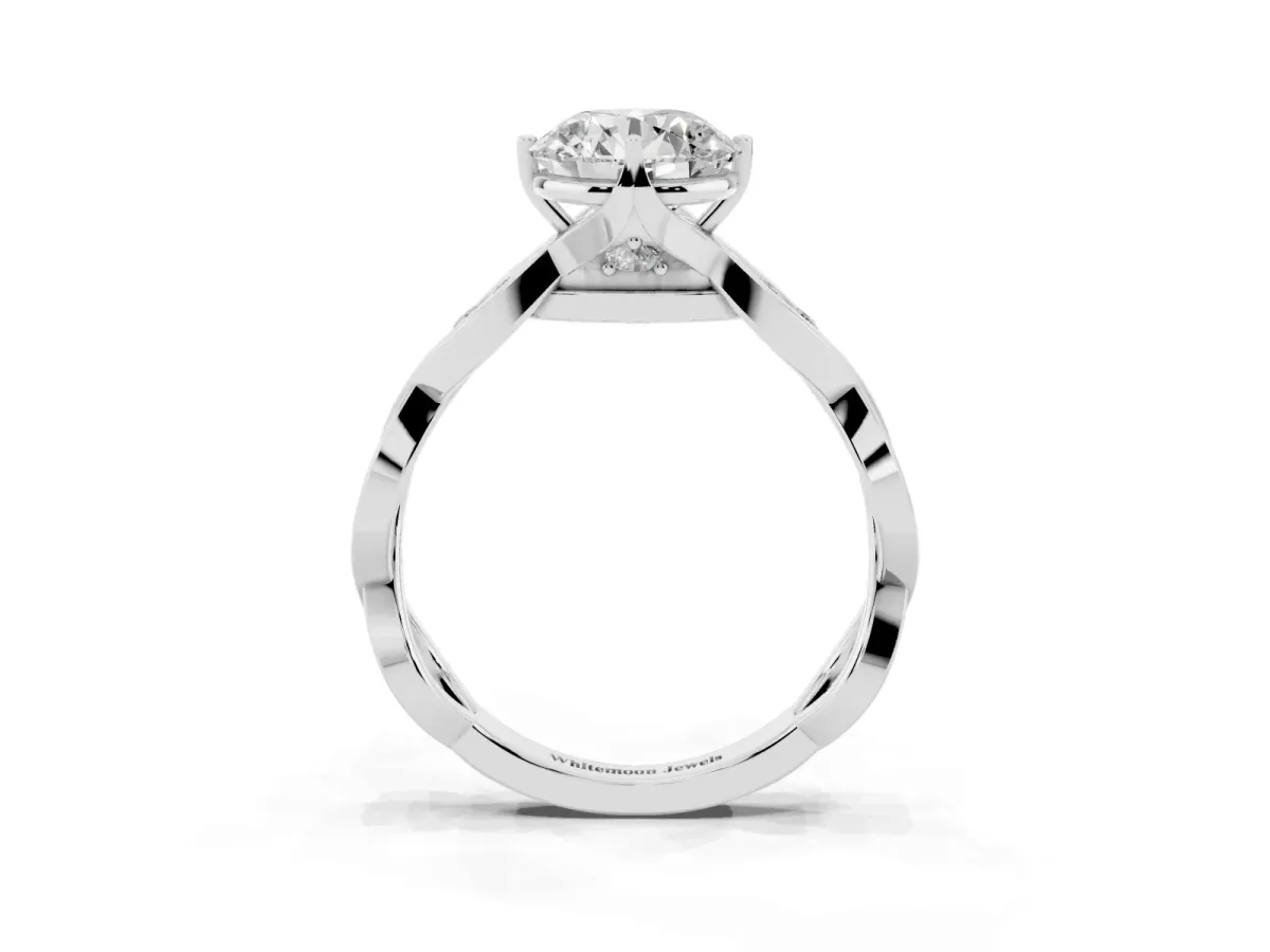 Round Cut Solitaire Twist Band with Leaf Prong Setting Silver