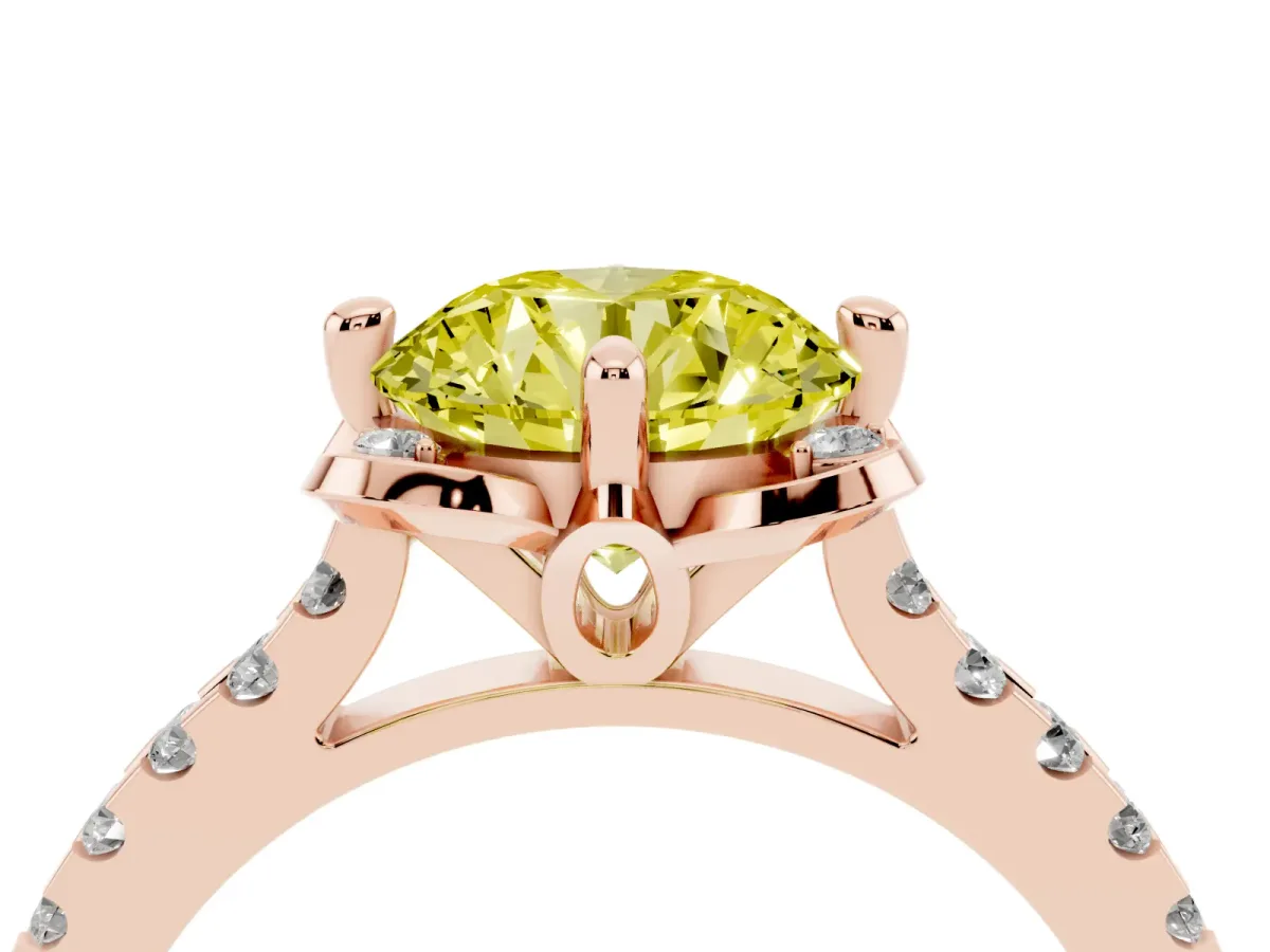 Fancy Yellow Round Cut Diamond Ring with Pavé Band and Floral Prong Setting Rose gold