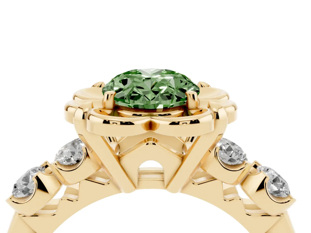 Fancy Green Oval Cut Cut Diamond Floral Halo Engagement Ring with Shared Prong Setting Yellow gold