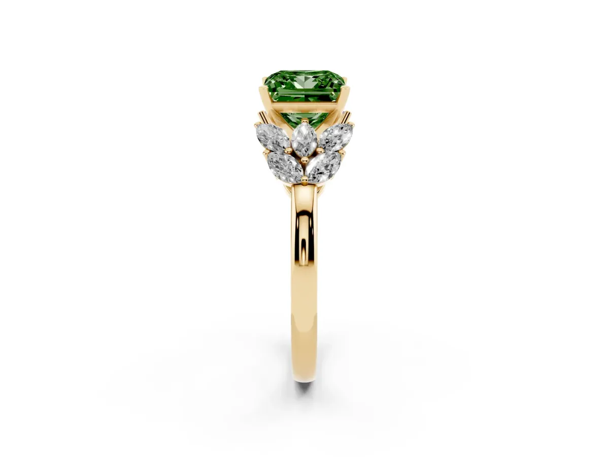 Fancy Green Princess Cut Diamond Cluster Leaf Design Ring with Prong Setting Yellow gold