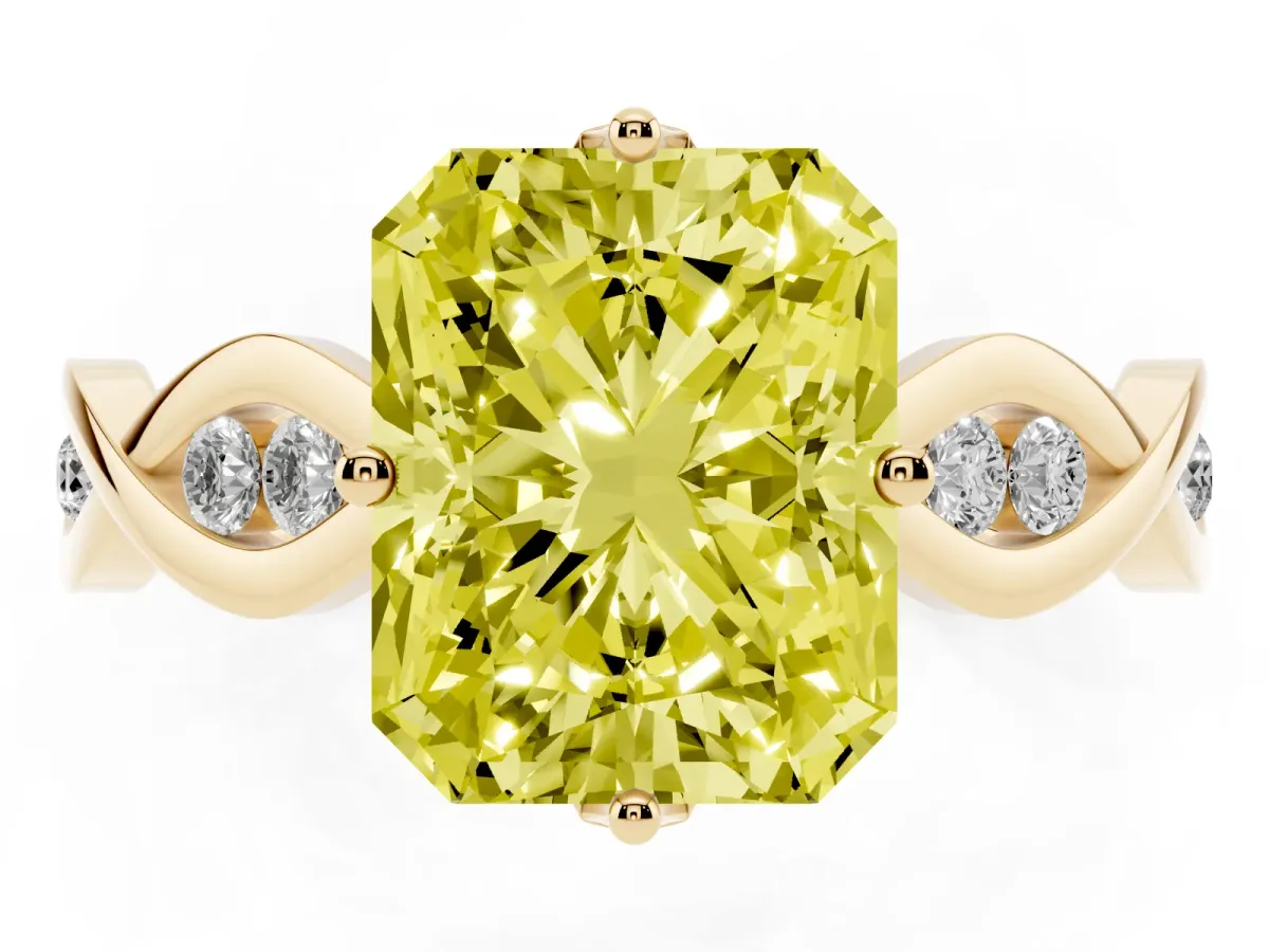 Fancy Yellow Radiant Cut Solitaire Twist Band with Leaf Prong Setting Yellow gold