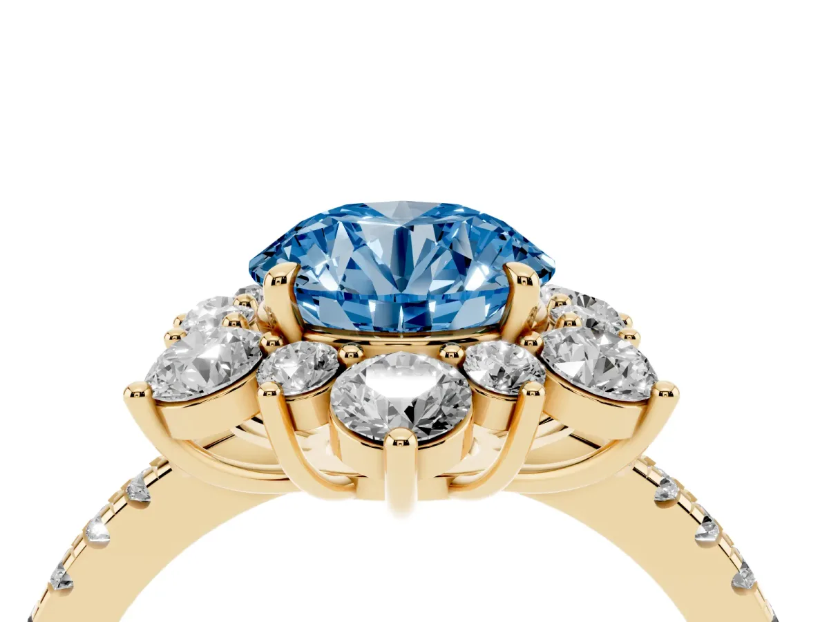 Fancy Blue Round Cut Diamond Floral Halo Ring with Round Pavé Band and Prong Setting Yellow gold
