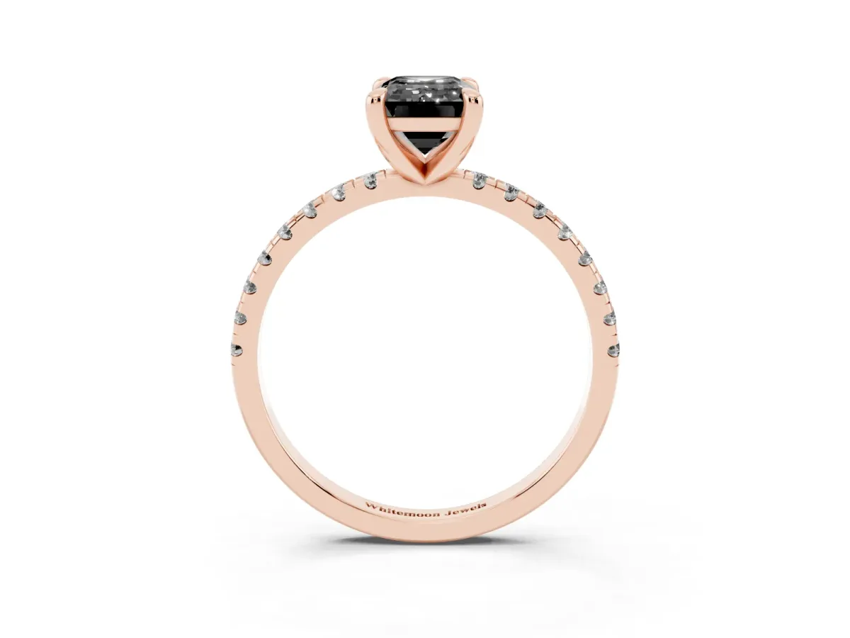 Fancy Black Emerald Cut Diamond Brilliant Solitaire Ring with Pavé Band and Four-Prong Setting Rose gold