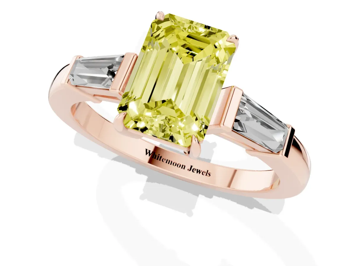 Fancy Yellow Emerald Cut Diamond Three-Stone Ring with Tapered Baguette Side Stones and Prong Setting Rose gold