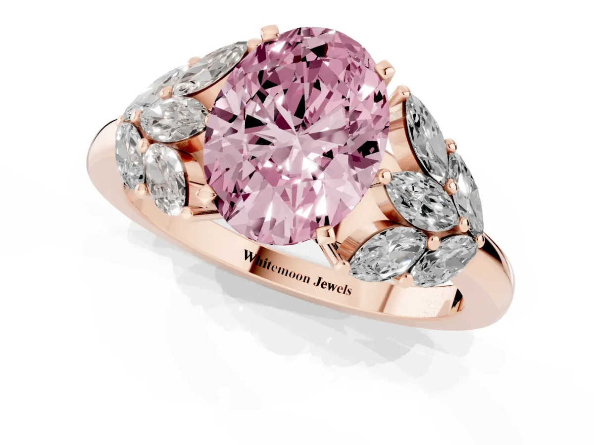 Fancy Pink Oval Cut Diamond Cluster Leaf Design Ring with Prong Setting Rose gold
