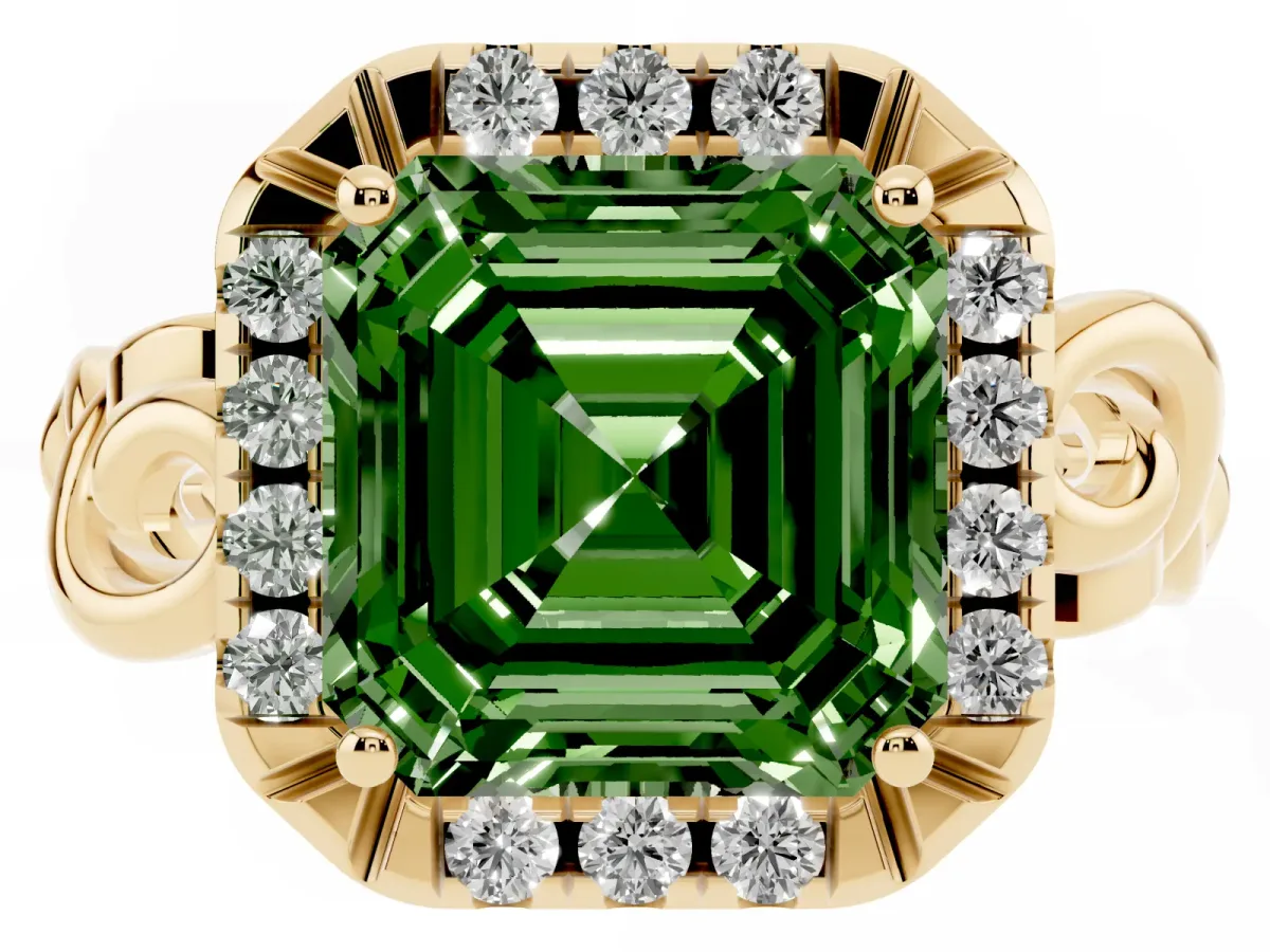 Fancy Green Asscher Cut Cut Halo Diamond Ring with Scrollwork Band and Four-Prong Setting Yellow gold