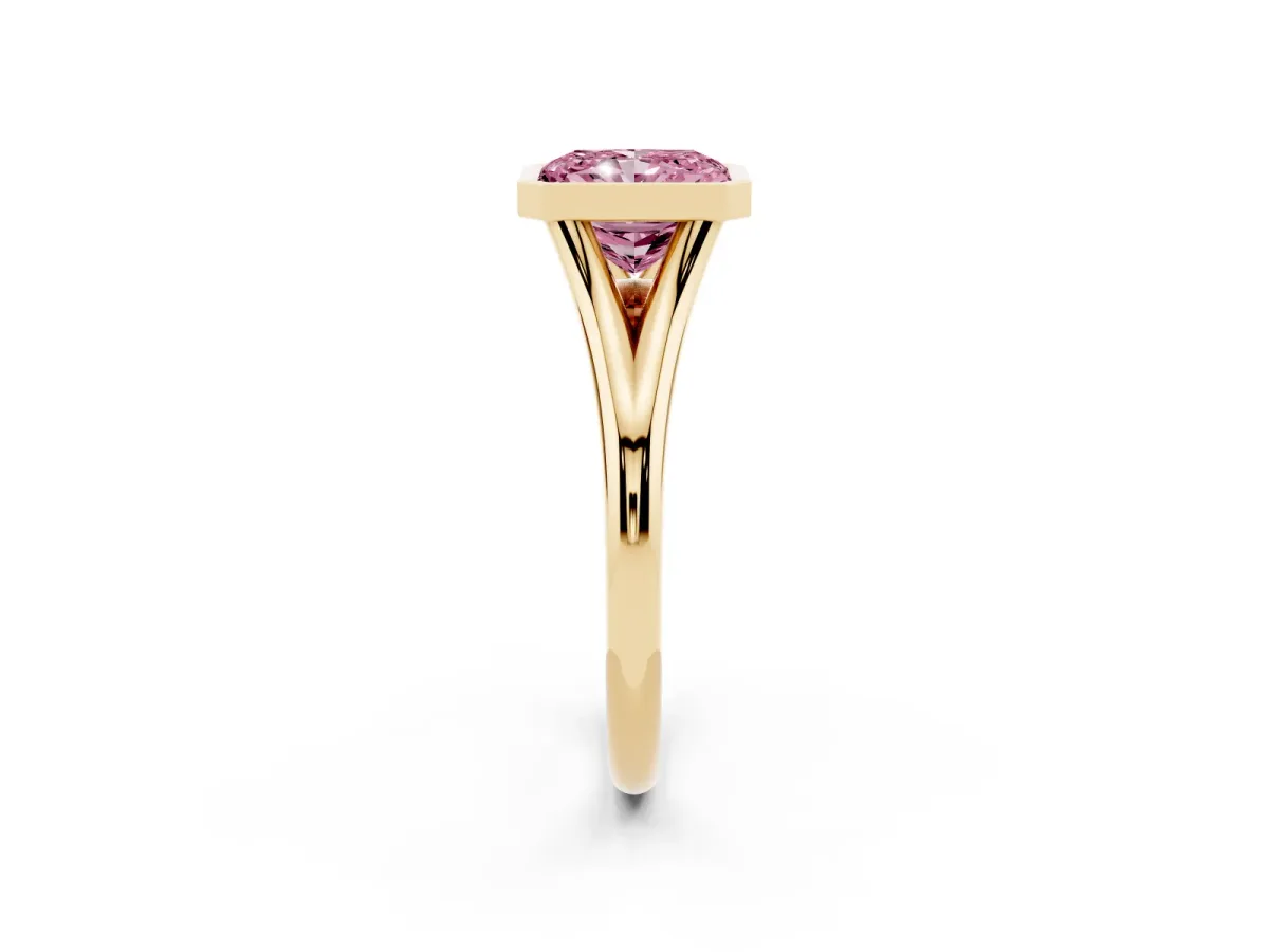 Fancy Pink Bezel Set Radiant Cut Cut Solitaire Ring with Tapered Band Yellow gold