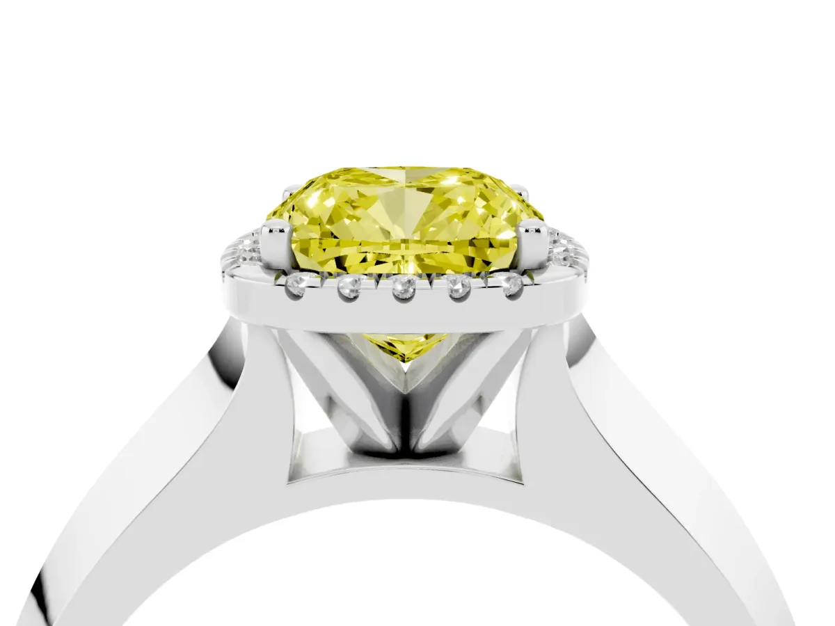 Fancy Yellow Cushion Cut Halo Diamond Ring with Cathedral Band and Four-Prong Setting Silver