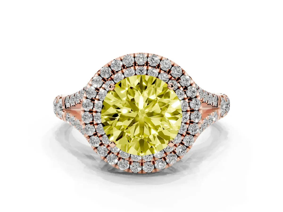 Fancy Yellow Double Halo Round Cut Diamond Split Shank Engagement Ring with Four-Prong Setting Rose gold