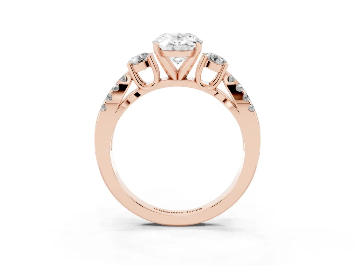 Oval Cut Diamond Three-Stone Ring with Pavé Split Shank and Four-Prong Setting Rose gold
