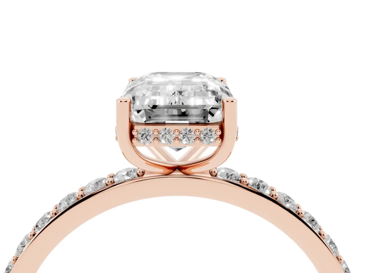 Emerald Cut Diamond Solitaire Ring with Pavé Band and Hidden Halo Rose gold