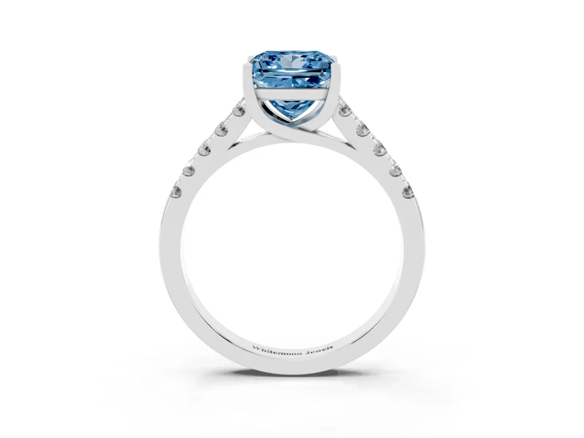 Fancy Blue Princess Cut Diamond Pavé Band Solitaire Ring with Prong Setting Silver