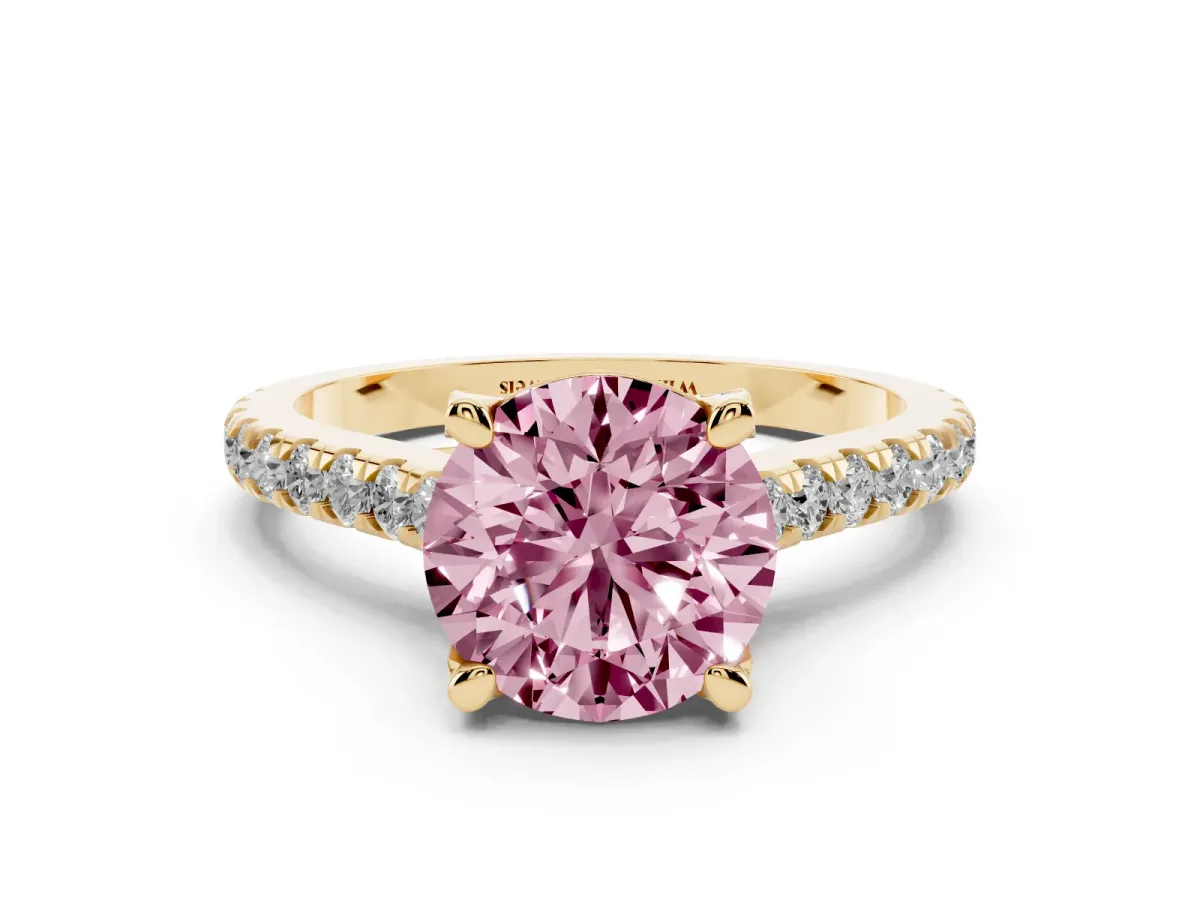 Fancy Pink Round Cut Brilliant Diamond Solitaire with Pavé Band and Four-Prong Setting Yellow gold