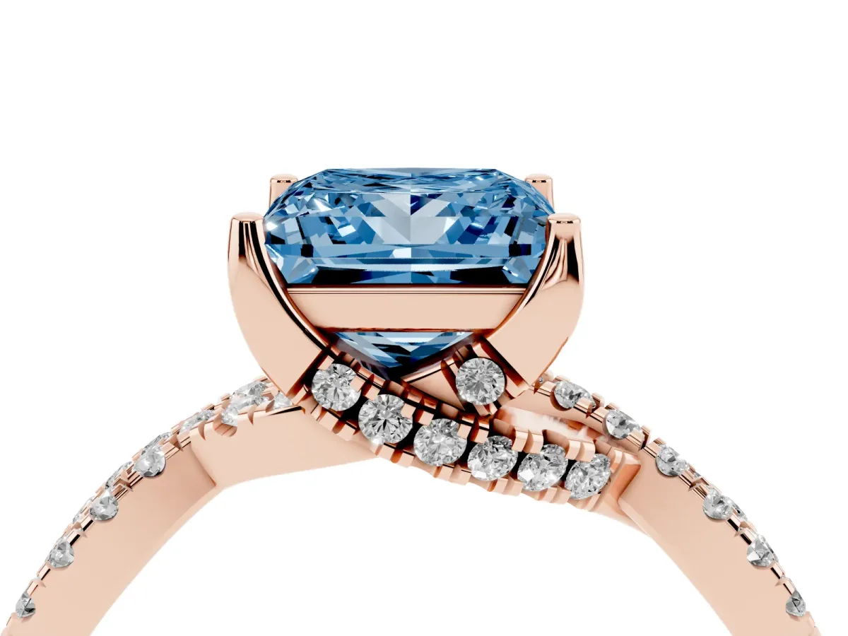 Fancy Blue Princess Cut Solitaire Twist Pave Diamond Engagement Ring with Prong Setting Rose gold