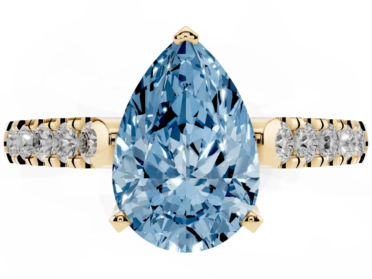 Fancy Blue Pear Cut Diamond Pavé Band Solitaire Ring with Prong Setting Yellow gold