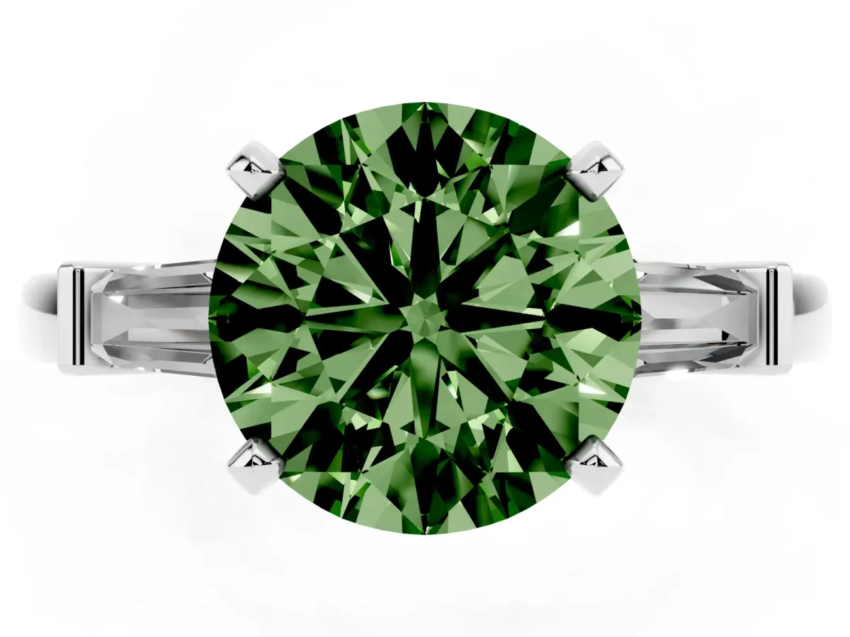 Fancy Green Round Cut Cut Diamond Solitaire Ring with Tapered Baguette Accents and Four-Prong Setting Silver