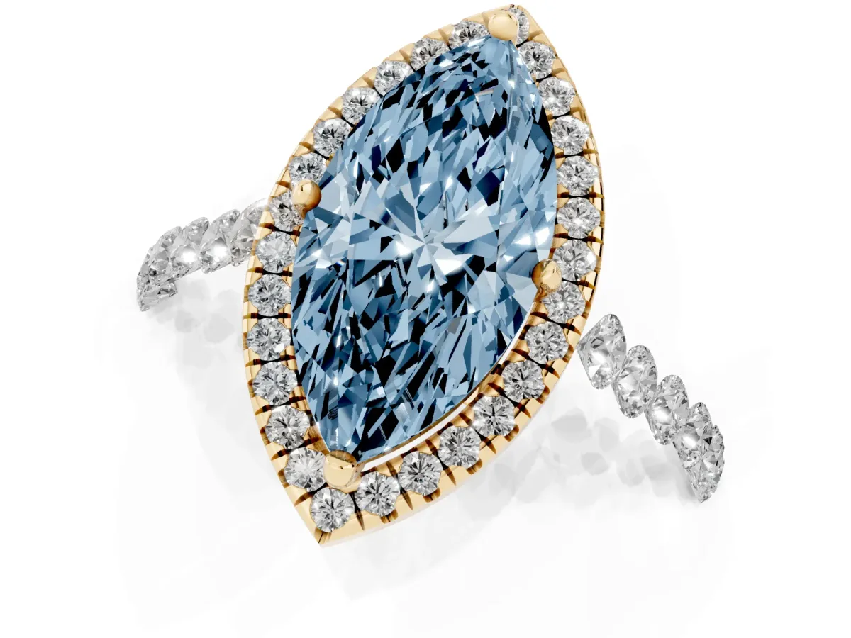 Fancy Blue Marquise Cut Halo Pavé Diamond Engagement Ring with Four-Prong Setting Yellow gold