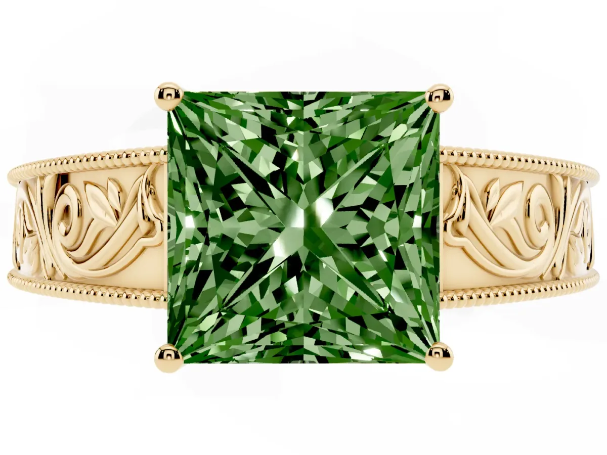 Fancy Green Princess Cut Diamond Solitaire Ring with Engraved Band and Four-Prong Setting Yellow gold