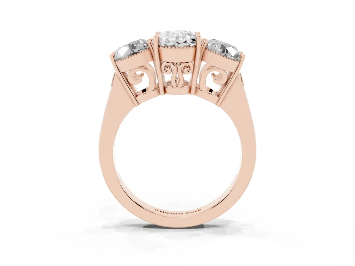 Three-Stone Oval Cut Diamond Engagement Ring with Prong Setting on a Classic Band Rose gold