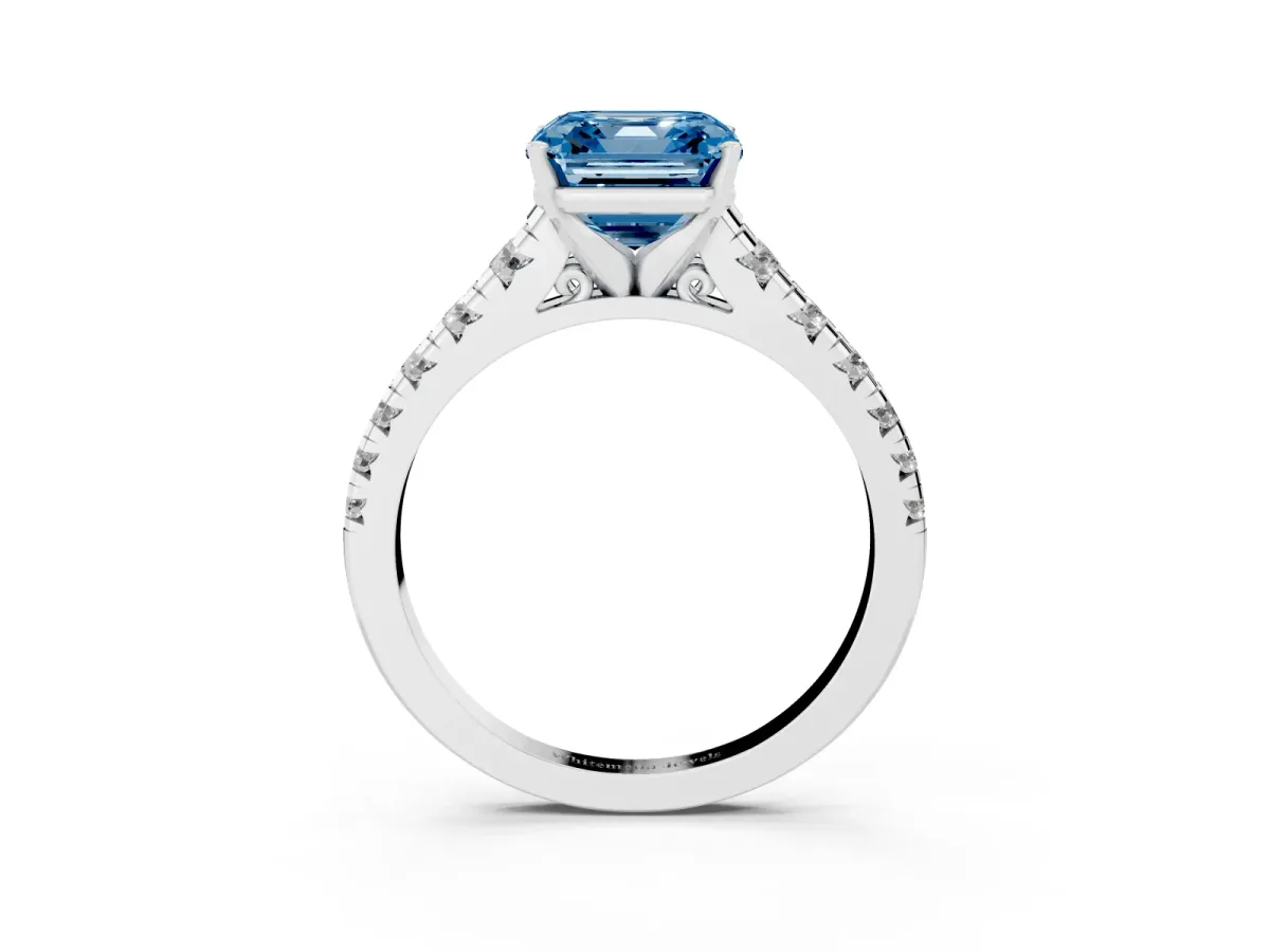 Fancy Blue Asscher Cut Diamond Cathedral Solitaire Ring with Round Pavé Band Silver