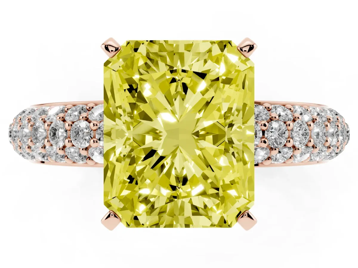 Fancy Yellow Radiant Cut Diamond Solitaire Ring with Prong Setting and Pavé Band Rose gold
